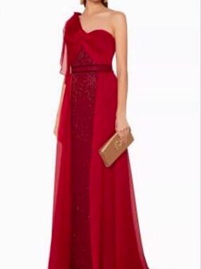 Jenny Packham One-Shoulder Red Evening Gown with Draped Overlay
